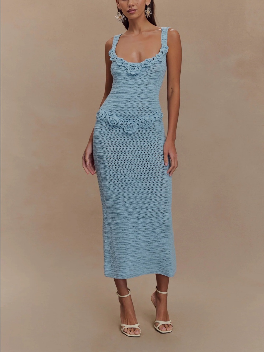 Meshki Light Blue Crochet Floral-Trim Midi Dress - Picture 1 of 4